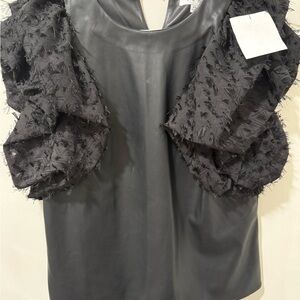 THML Black Faux Leather Top with Textured Ruffle Sleeves